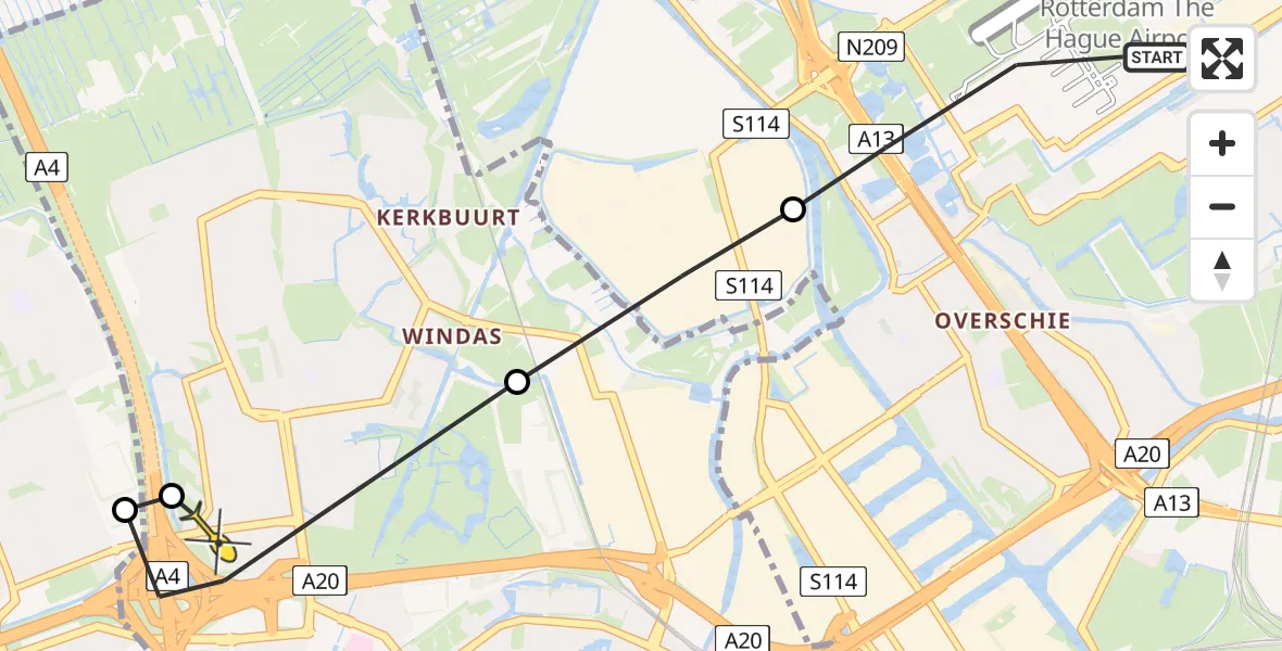 Routekaart van de vlucht: Lifeliner 2 naar Schiedam, Willem Pijperstraat