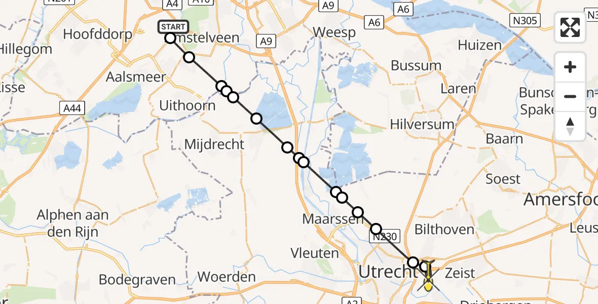 Routekaart van de vlucht: Politieheli naar Universitair Medisch Centrum Utrecht, Westerkimweg