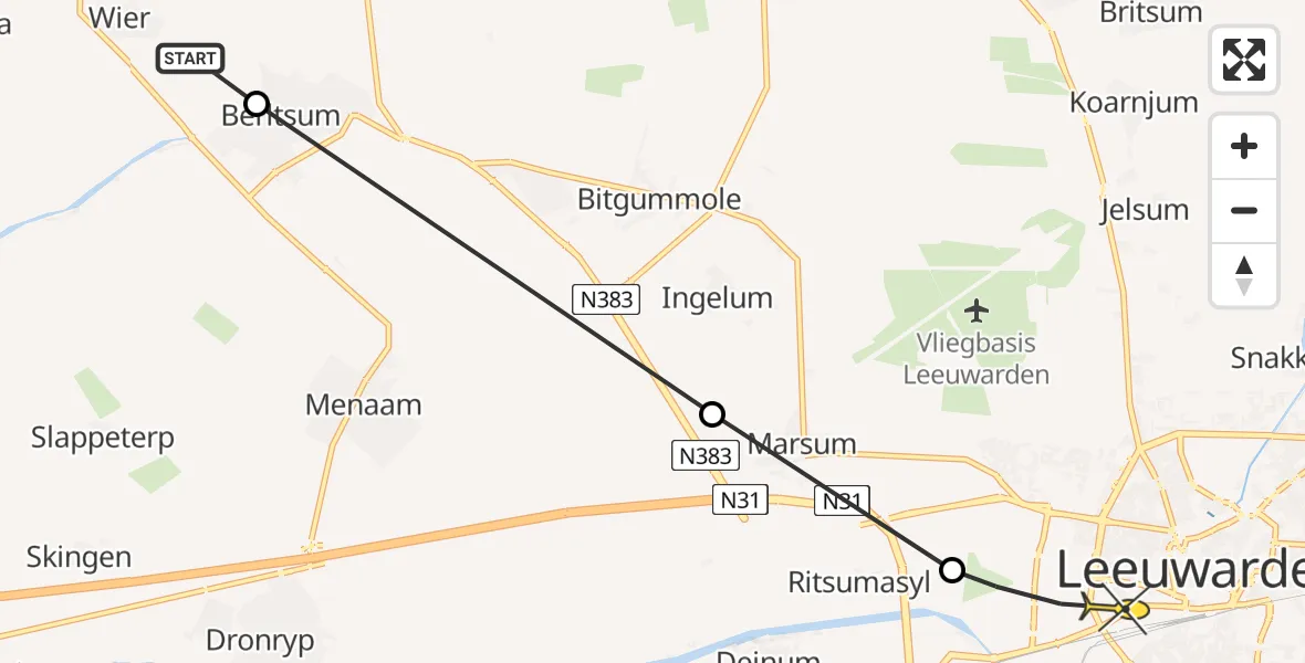 Routekaart van de vlucht: Ambulancehelikopter naar Leeuwarden, Franjumbuorren