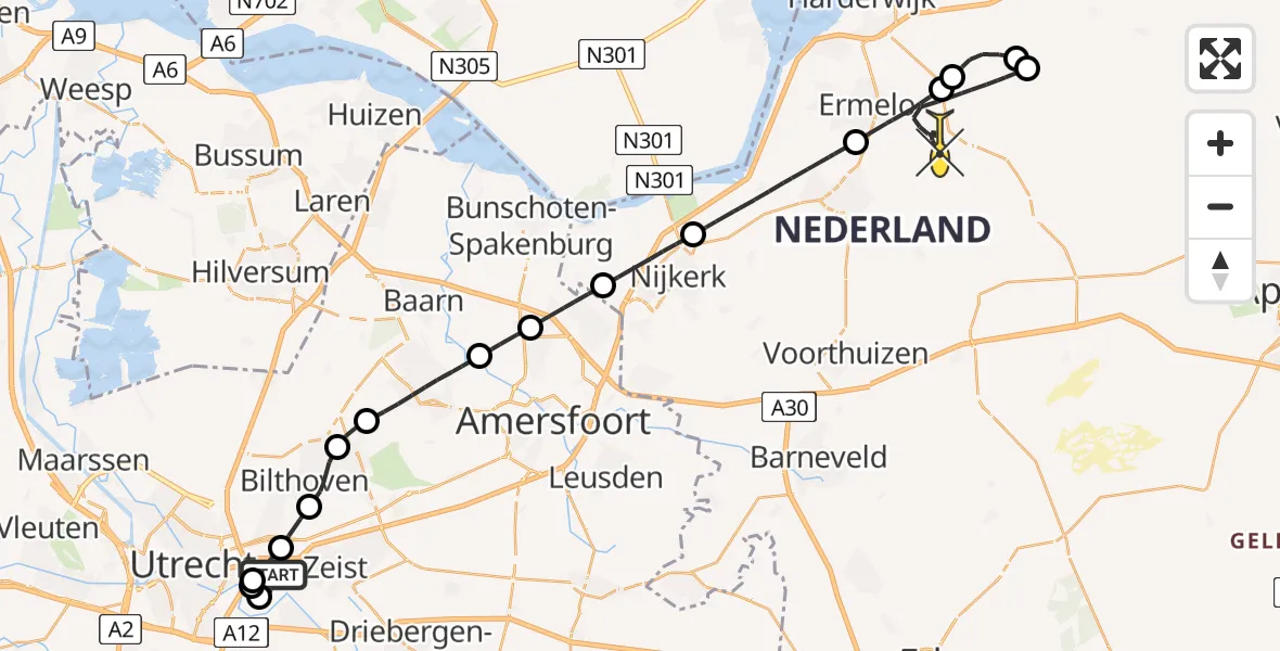Routekaart van de vlucht: Politieheli naar Ermelo, Rijnsoever