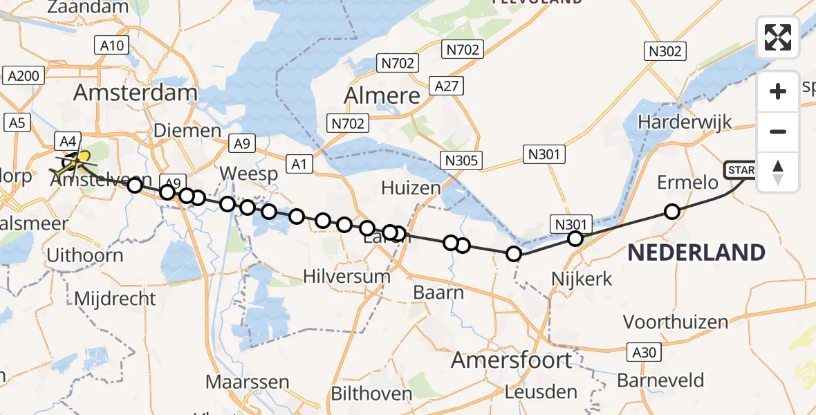 Routekaart van de vlucht: Politieheli naar Schiphol, Jhr. Dr. C.J. Sandbergweg