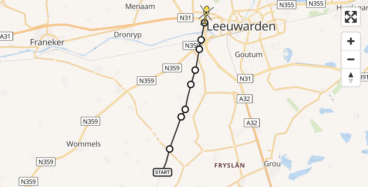 Routekaart van de vlucht: Ambulancehelikopter naar Leeuwarden, Klaeiterp