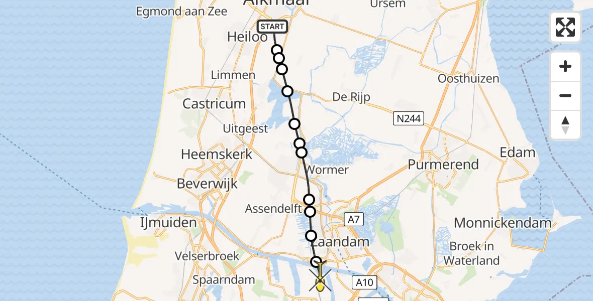 Routekaart van de vlucht: Lifeliner 1 naar Amsterdam Heliport, Middentocht