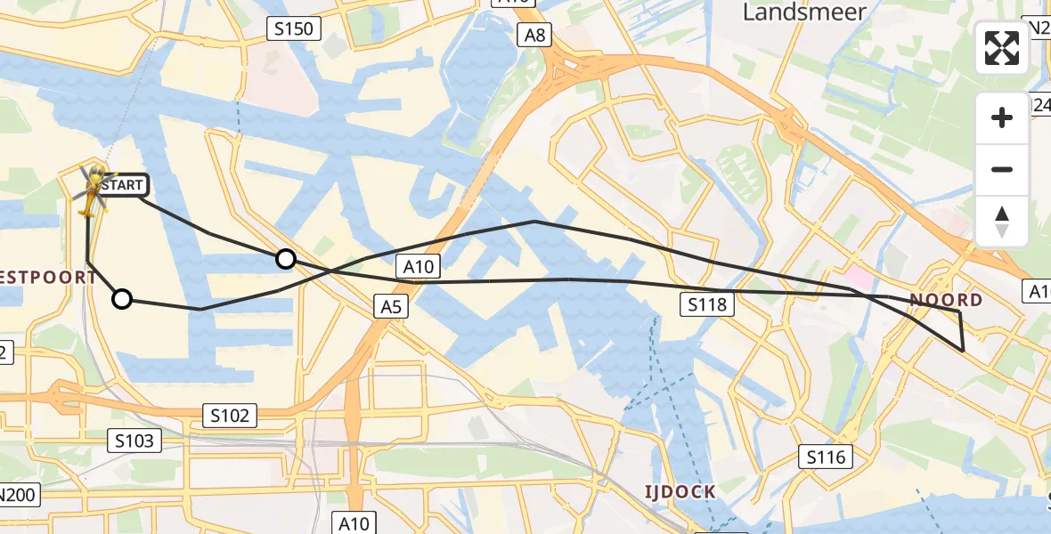 Vluchtroute Traumahelikopter van Amsterdam Heliport naar Amsterdam Heliport