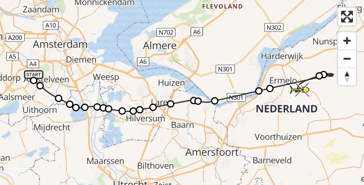 Routekaart van de vlucht: Politieheli naar Ermelo, Amsterdam-Bataviaweg