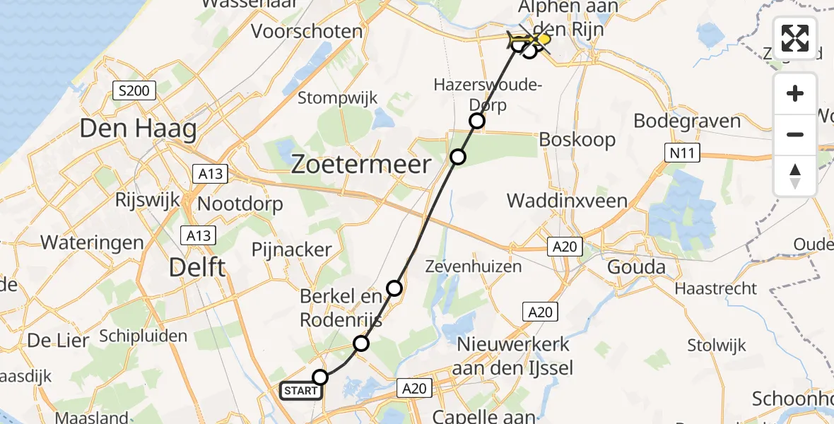 Routekaart van de vlucht: Lifeliner 2 naar Hazerswoude-Rijndijk, HSL-Zuid