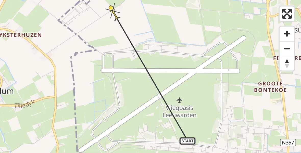 Vluchtroute Ambulancehelikopter van Vliegbasis Leeuwarden naar Vliegbasis Leeuwarden