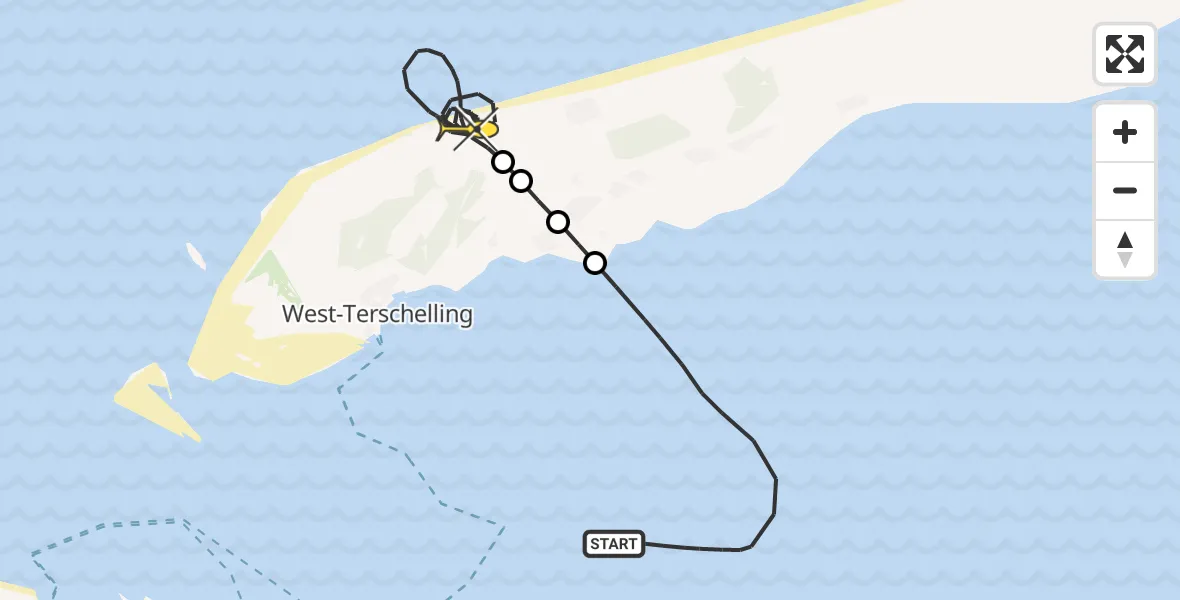 Routekaart van de vlucht: Kustwachthelikopter naar West-Terschelling, Zuid Meep