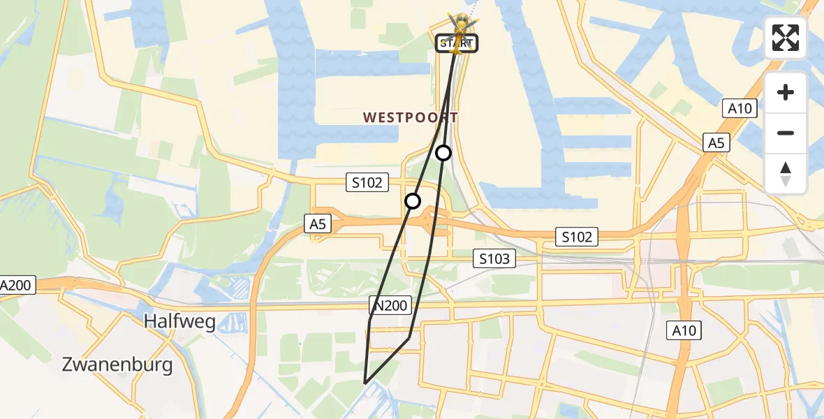 Vluchtroute Traumahelikopter van Amsterdam Heliport naar Amsterdam Heliport