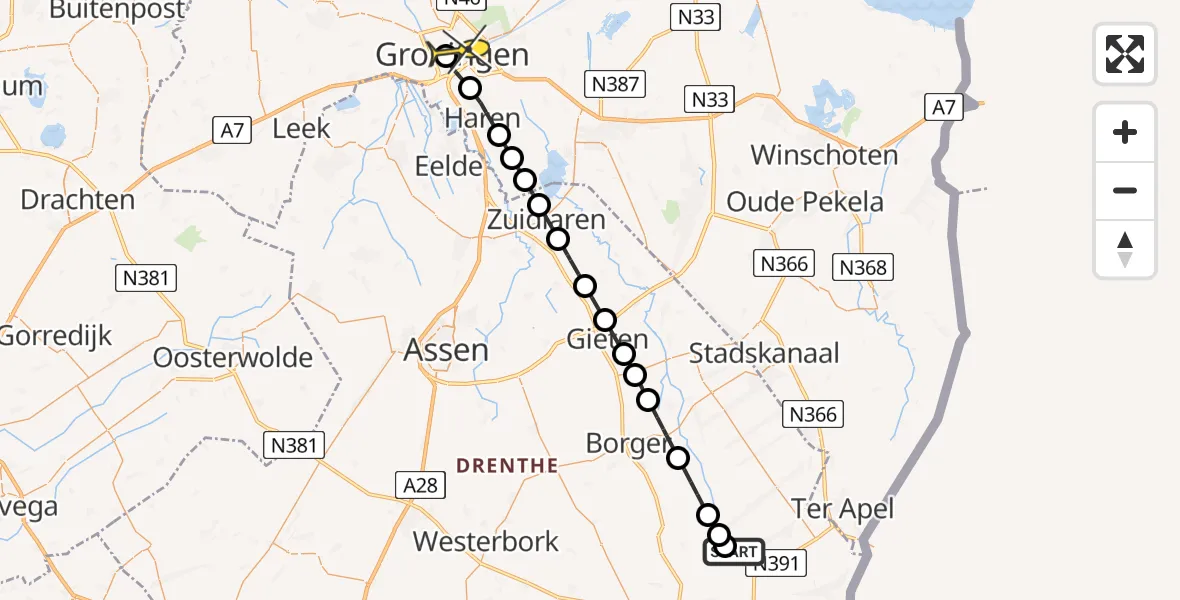 Routekaart van de vlucht: Lifeliner 4 naar Universitair Medisch Centrum Groningen, Hondsrugweg