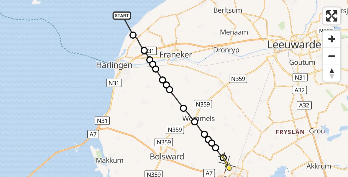 Routekaart van de vlucht: Ambulanceheli naar Loënga, Hoarnestreek