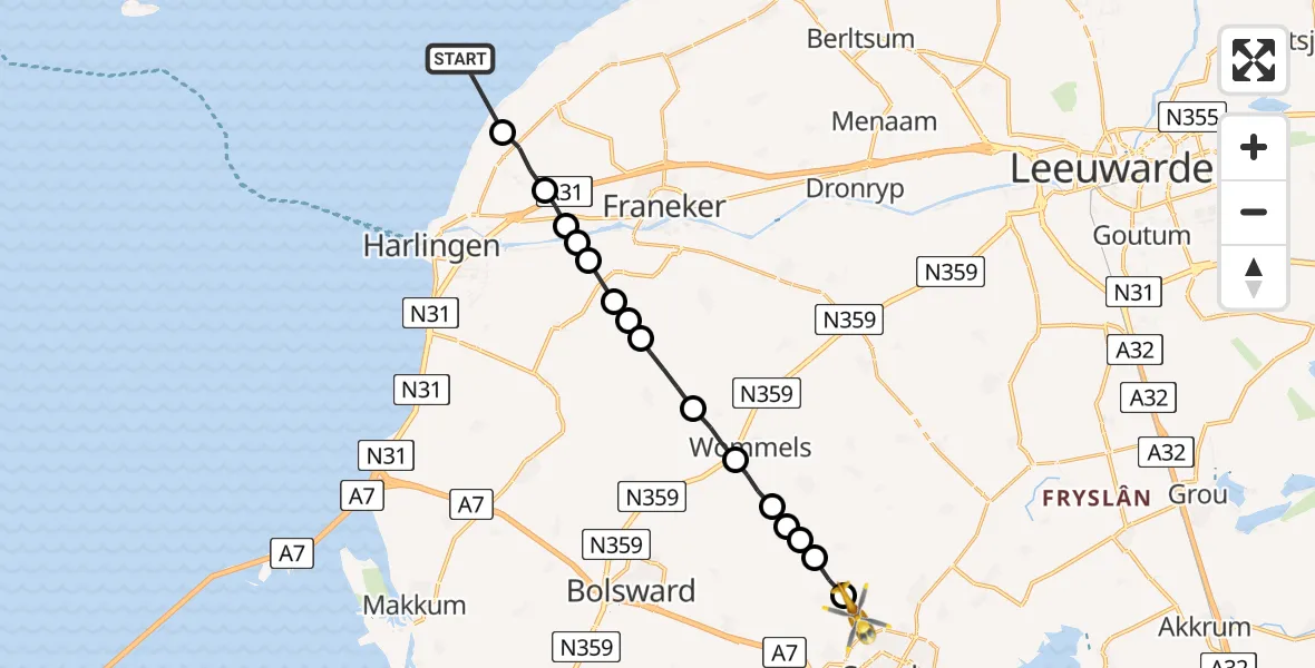Vluchtroute Ambulancehelikopter West-Terschelling - Loënga, 25 maart 2024, 20:12