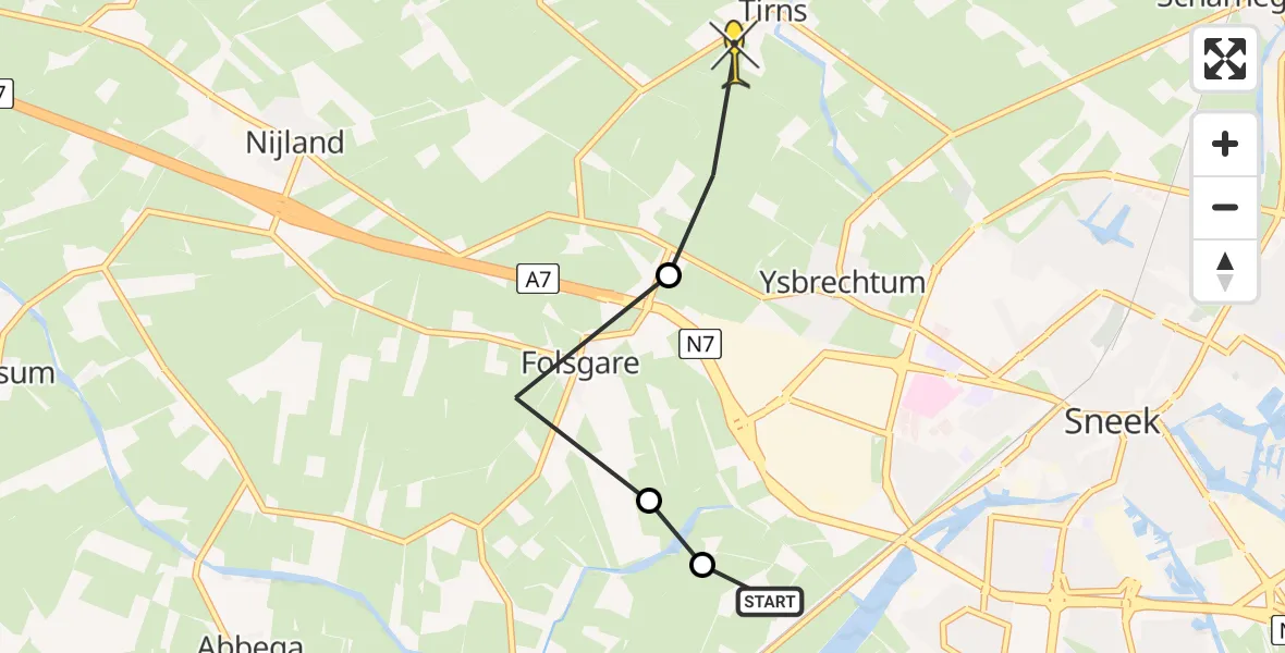 Routekaart van de vlucht: Ambulanceheli naar Tirns, Folsgearster Opfeart