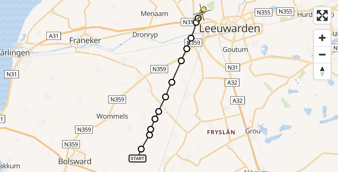 Routekaart van de vlucht: Ambulancehelikopter naar Marsum, Aldrij