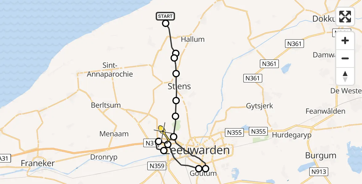 Routekaart van de vlucht: Ambulanceheli naar Marsum, Vijfhuisterdijk