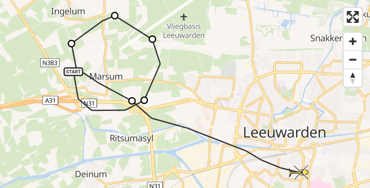 Routekaart van de vlucht: Ambulanceheli naar Leeuwarden, Ingelumer Feart