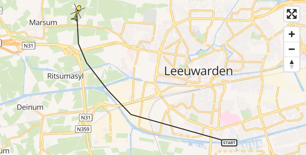 Vluchtroute Ambulancehelikopter van Leeuwarden naar Marsum