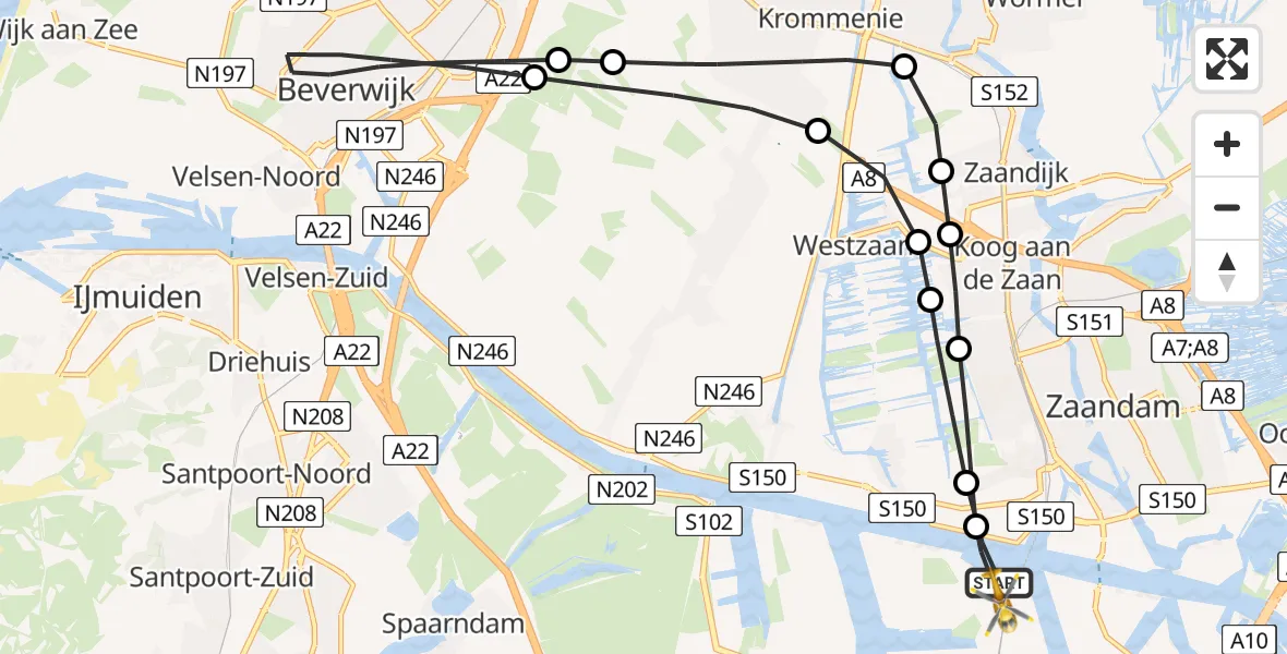 Vluchtroute Traumahelikopter van Amsterdam Heliport naar Amsterdam Heliport