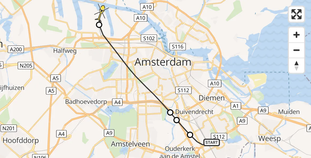 Routekaart van de vlucht: Lifeliner 1 naar Amsterdam Heliport, Lemelerbergweg