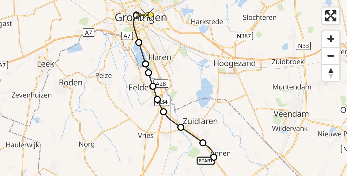 Routekaart van de vlucht: Lifeliner 4 naar Universitair Medisch Centrum Groningen, Anlooërweg