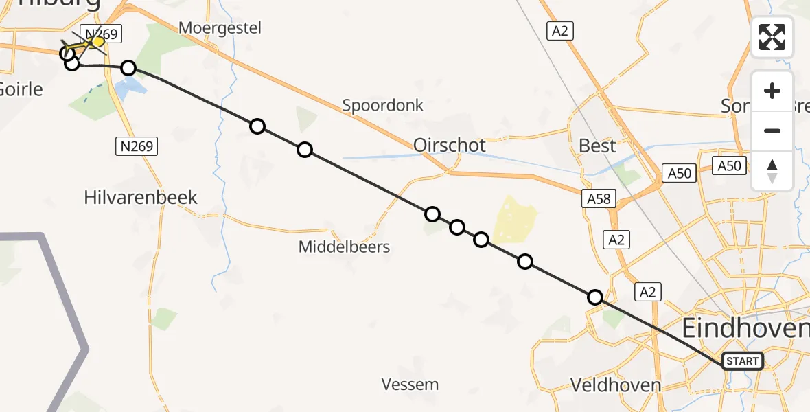 Routekaart van de vlucht: Lifeliner 3 naar Tilburg, Rubinsteinlaan