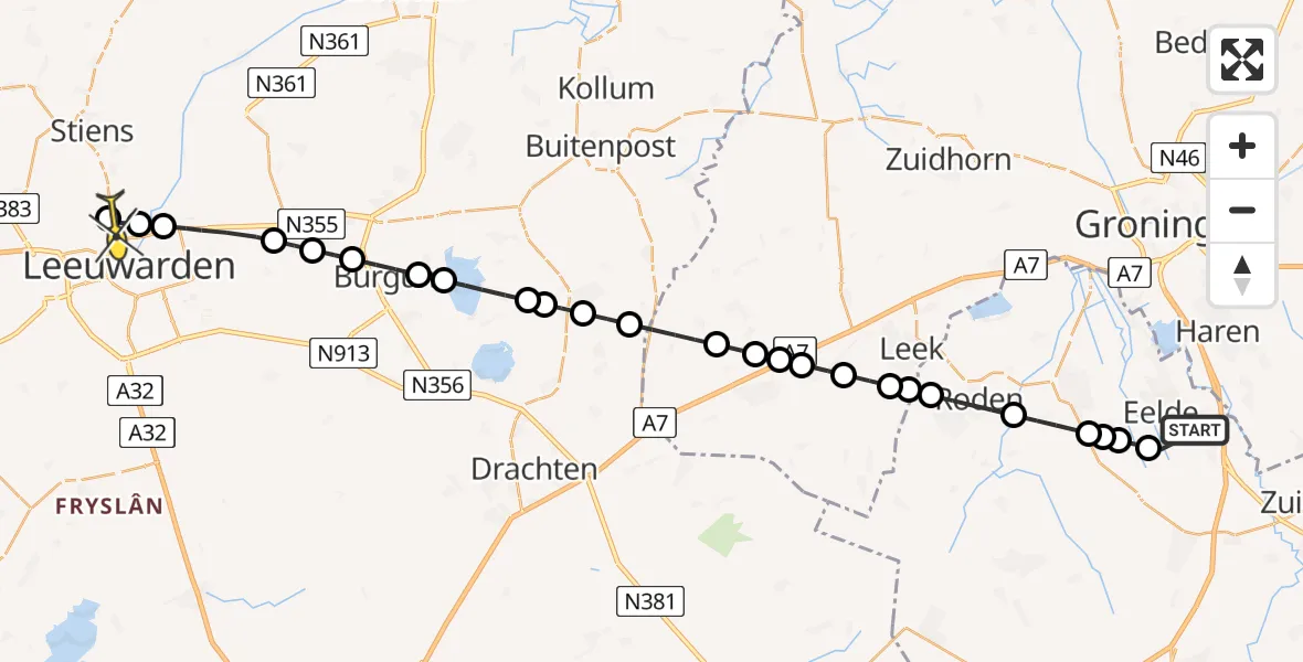 Routekaart van de vlucht: Lifeliner 4 naar Leeuwarden, Oosterloop