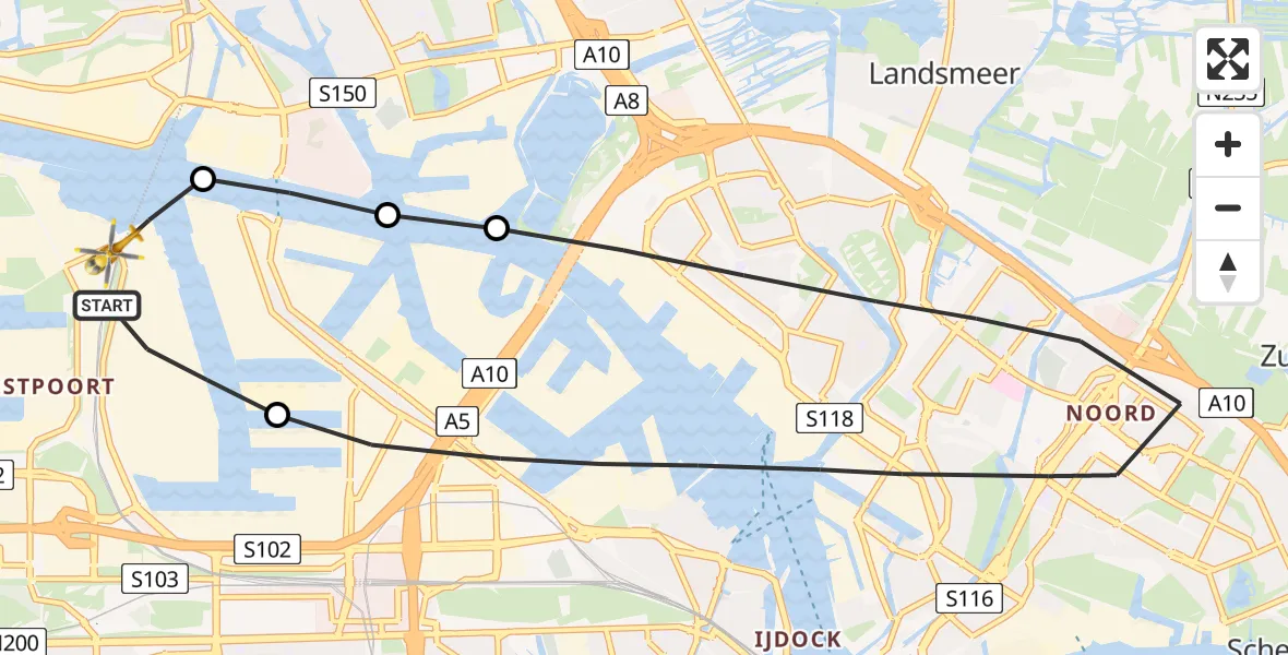 Routekaart van de vlucht: Lifeliner 1 naar Amsterdam Heliport, Westhaven
