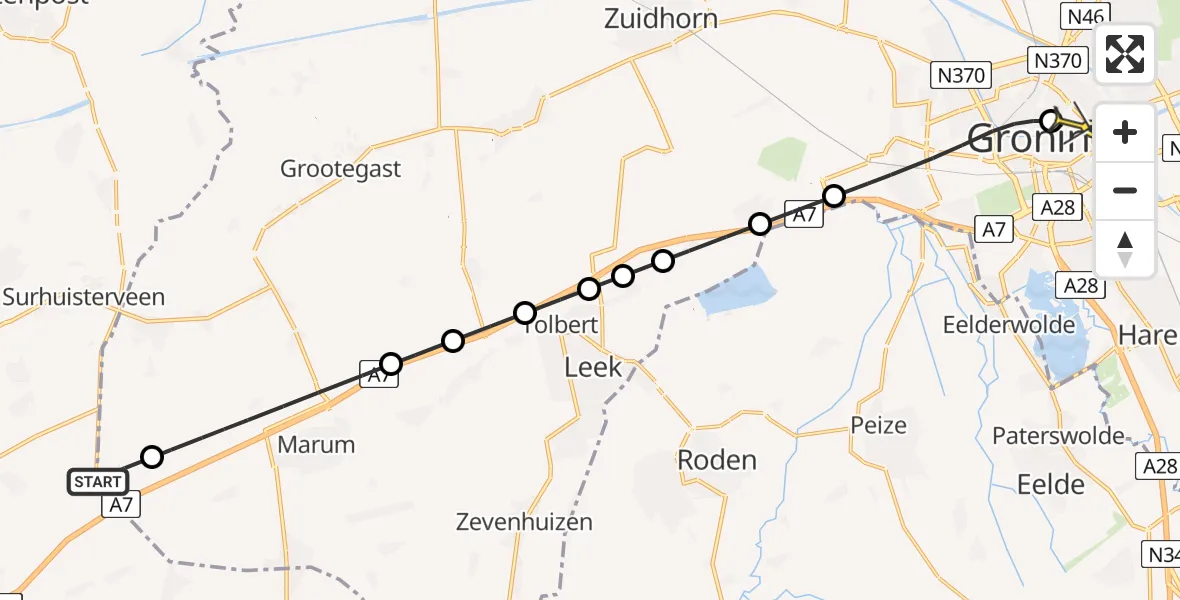Routekaart van de vlucht: Lifeliner 4 naar Universitair Medisch Centrum Groningen, Leidijk