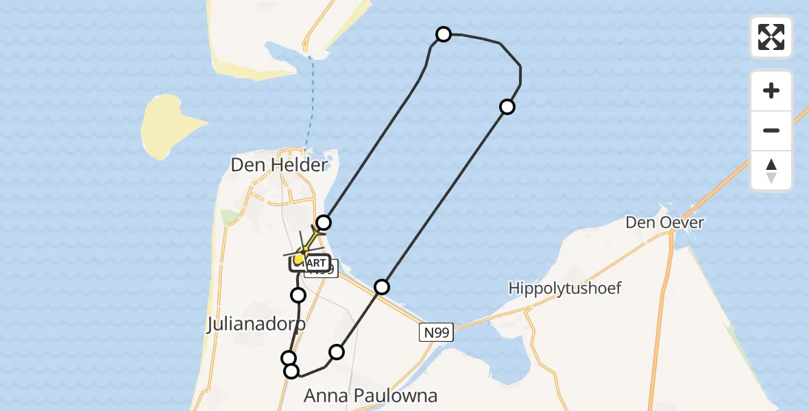 Routekaart van de vlucht: Kustwachthelikopter naar Vliegveld De Kooy, Maria's hoeve