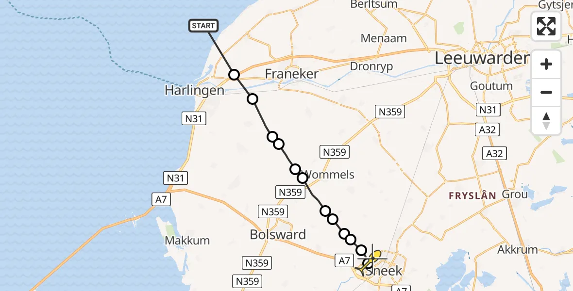 Routekaart van de vlucht: Ambulanceheli naar Sneek, Waadseewei