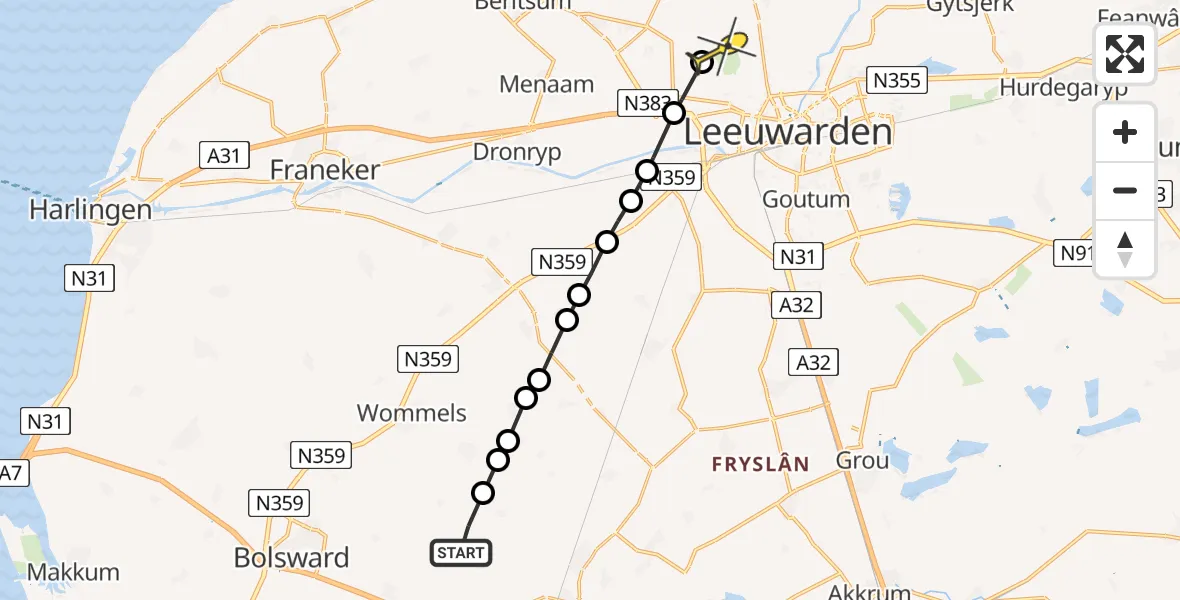 Routekaart van de vlucht: Ambulanceheli naar Vliegbasis Leeuwarden, Bongapaed