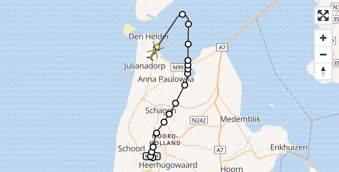 Routekaart van de vlucht: Kustwachthelikopter naar Vliegveld De Kooy, De Zes Geerzen