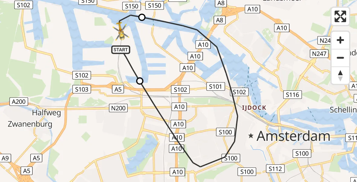 Vluchtroute Traumahelikopter van Amsterdam Heliport naar Amsterdam Heliport