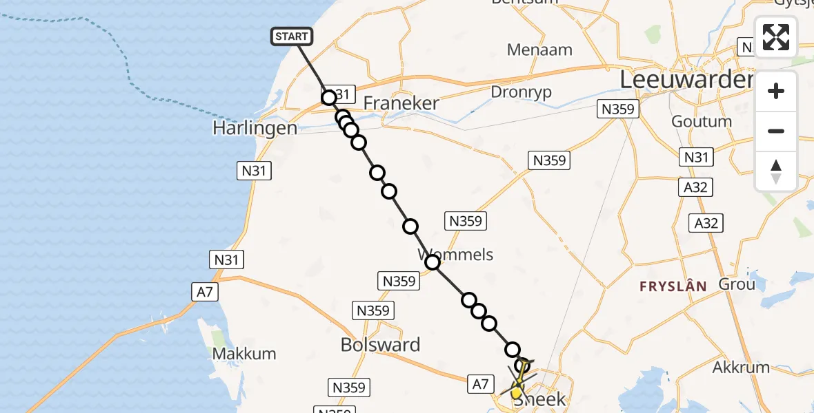 Routekaart van de vlucht: Ambulanceheli naar Sneek, Hearewei