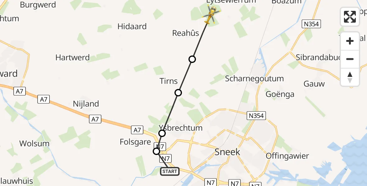 Vluchtroute Ambulancehelikopter Sneek - Reahûs, 27 maart 2024, 01:17