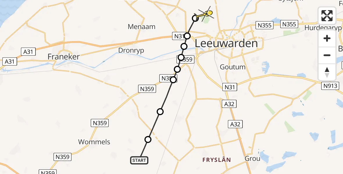 Routekaart van de vlucht: Ambulanceheli naar Vliegbasis Leeuwarden, Swarte Mole