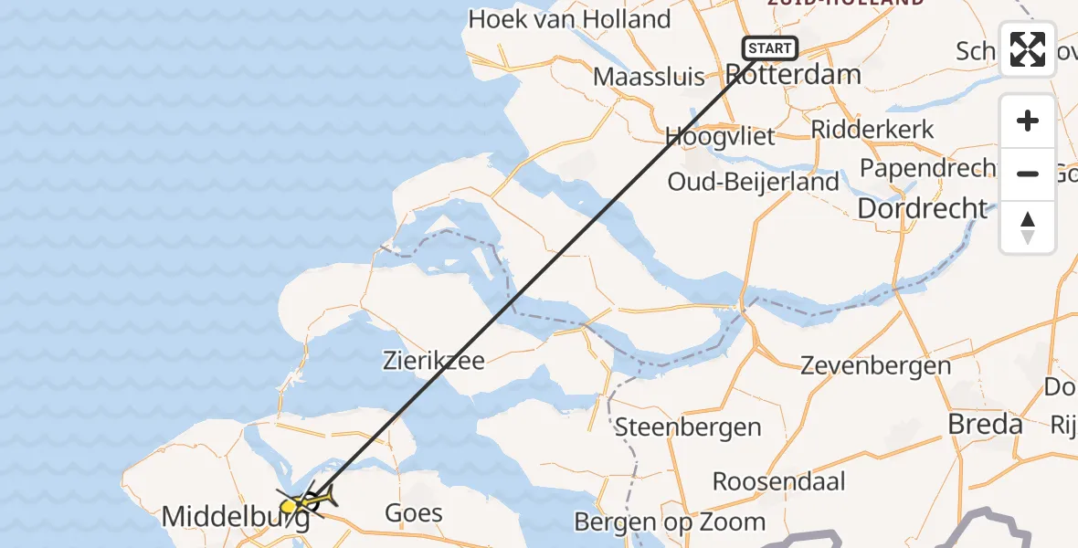 Routekaart van de vlucht: Traumaheli naar Vliegveld Midden-Zeeland, Calandweg