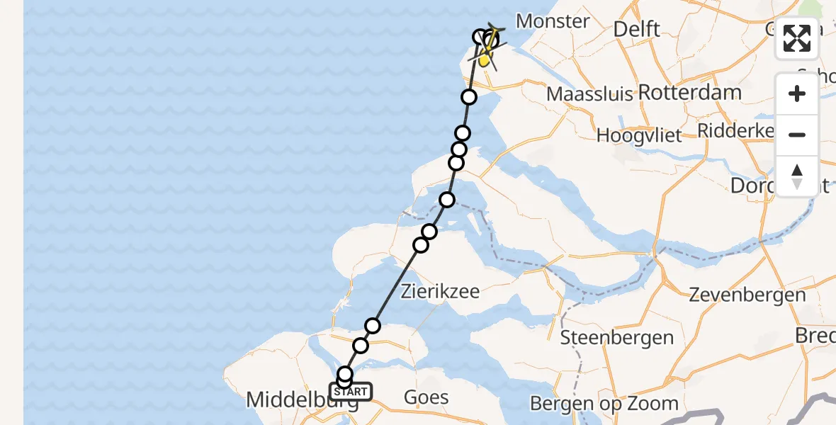 Routekaart van de vlucht: Kustwachthelikopter naar Maasvlakte, Schenge