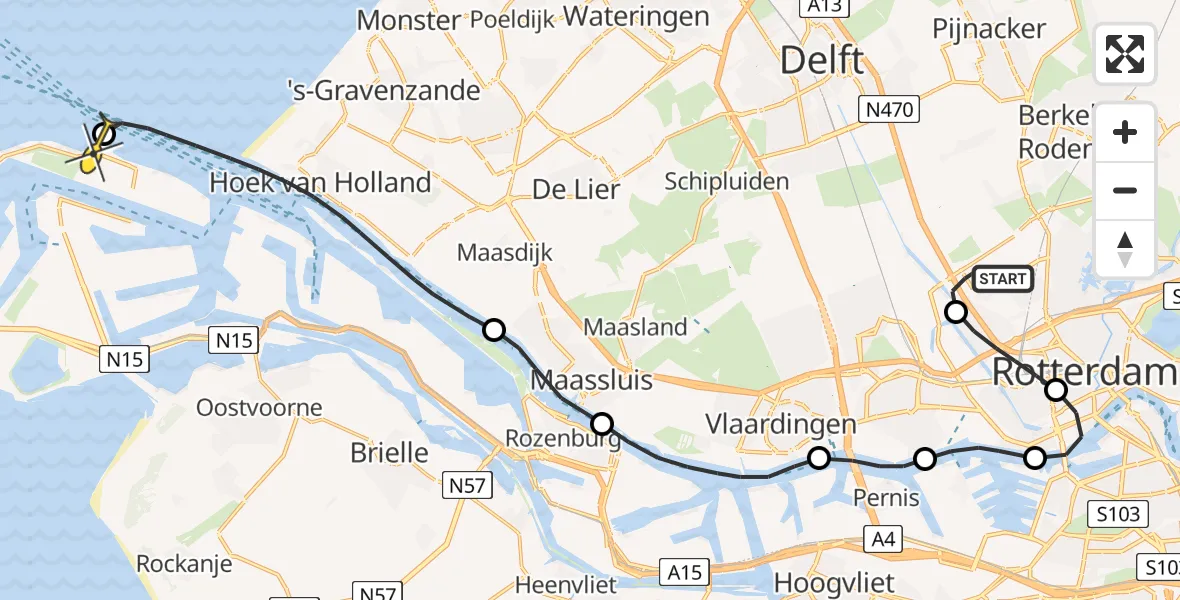 Routekaart van de vlucht: Kustwachthelikopter naar Maasvlakte, Delftweg