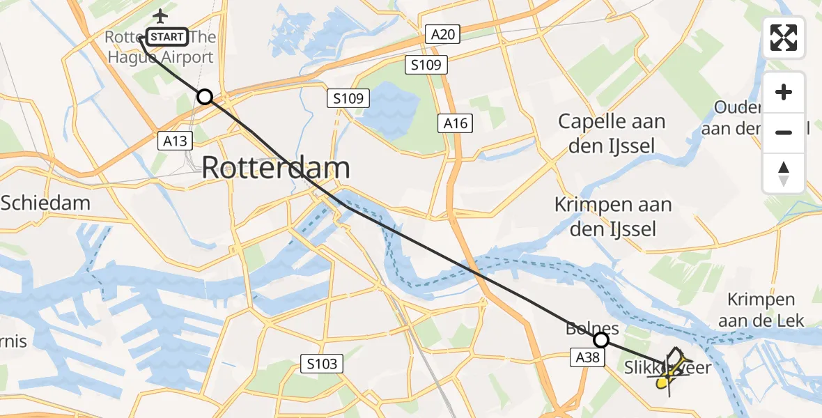 Routekaart van de vlucht: Lifeliner 2 naar Ridderkerk, Rotterdam Airportplein