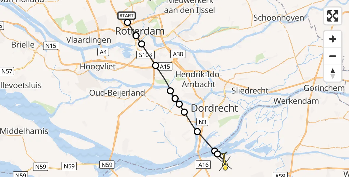 Routekaart van de vlucht: Lifeliner 2 naar Lage Zwaluwe, Van der Duijn van Maasdamweg
