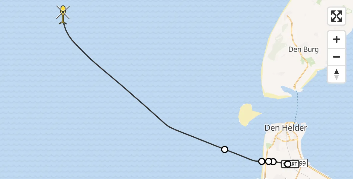 Routekaart van de vlucht: Kustwachthelikopter naar Middenvliet