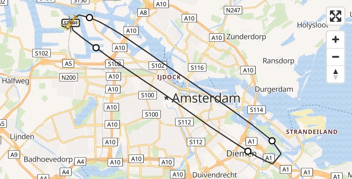 Vluchtroute Traumahelikopter van Amsterdam Heliport naar Amsterdam Heliport