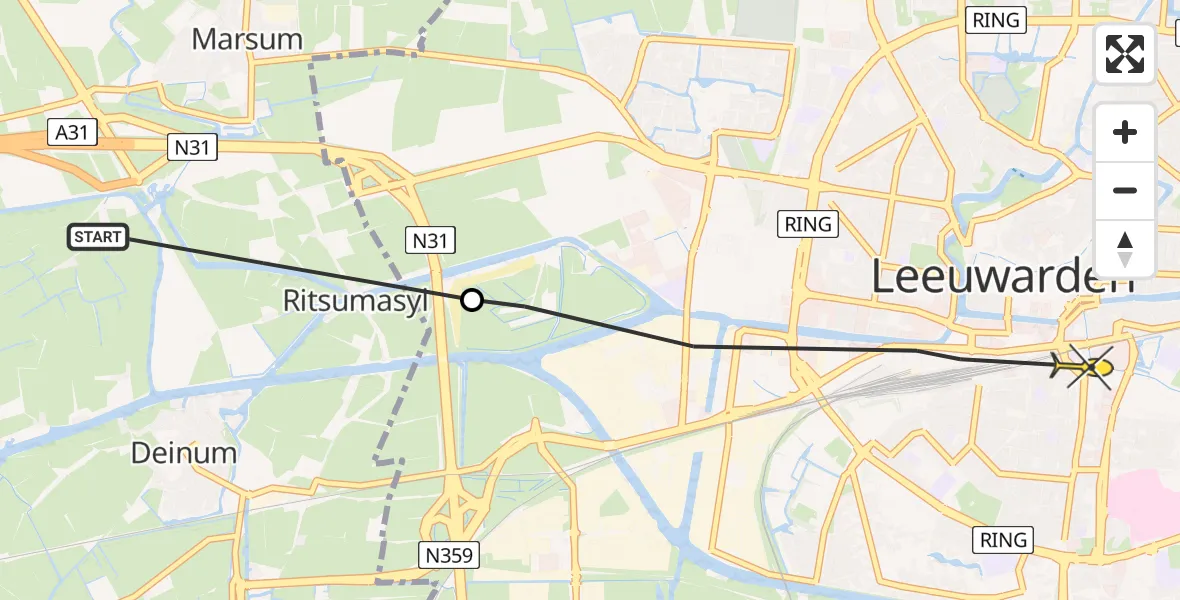 Routekaart van de vlucht: Ambulanceheli naar Leeuwarden, De Heak