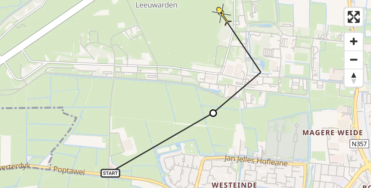 Routekaart van de vlucht: Ambulanceheli naar Vliegbasis Leeuwarden, Keegsdijkje