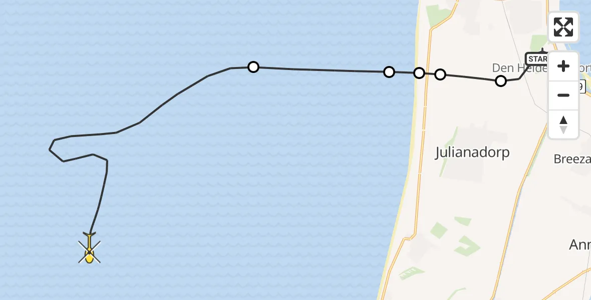 Routekaart van de vlucht: Kustwachthelikopter naar Kortevliet