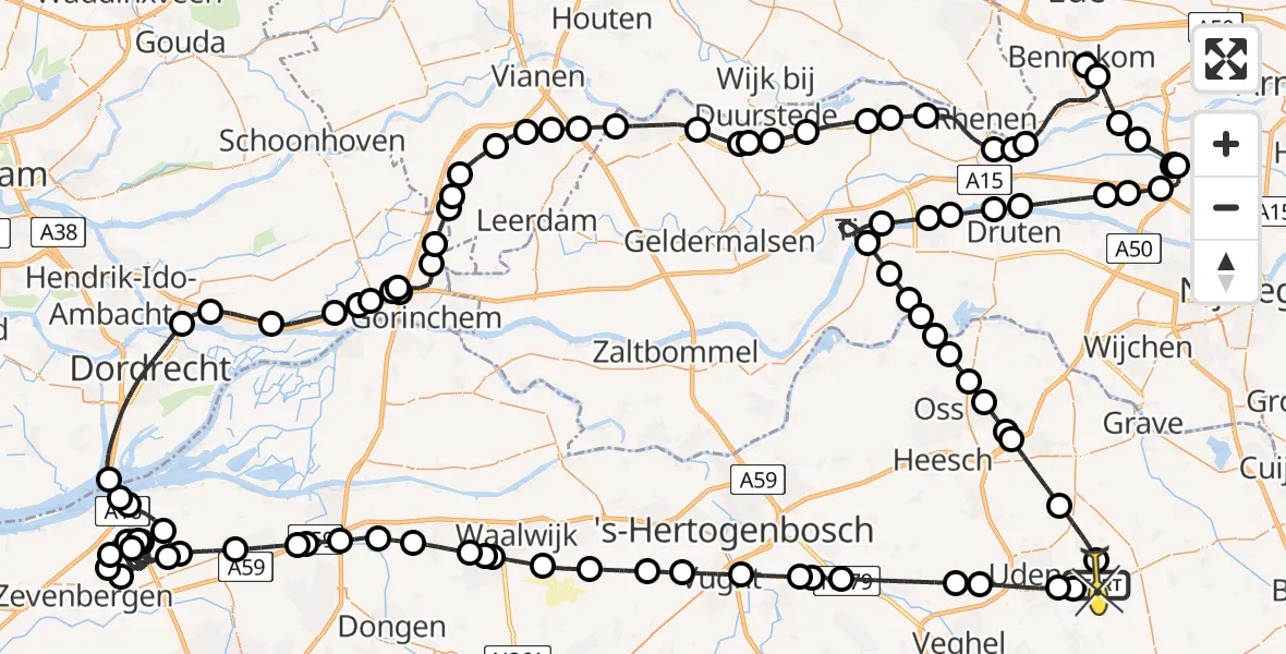 Routekaart van de vlucht: Politieheli naar Vliegbasis Volkel, Zeelandsedijk