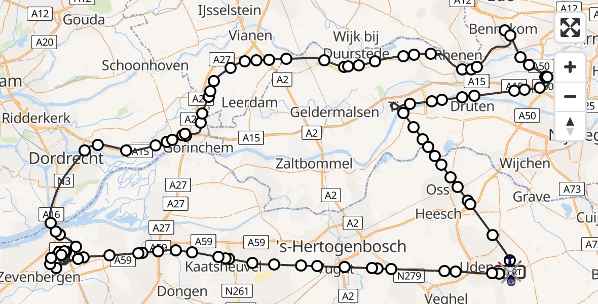 Vluchtroute Politiehelikopter van Vliegbasis Volkel naar Vliegbasis Volkel