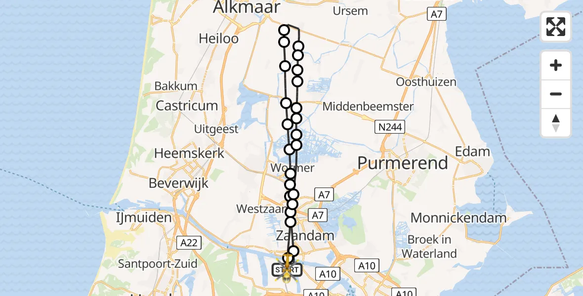 Routekaart van de vlucht: Lifeliner 1 naar Amsterdam Heliport, Belangenvereniging tuinders Zaanderhorn