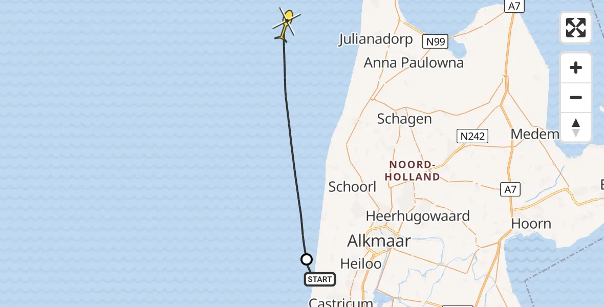 Routekaart van de vlucht: Kustwachthelikopter naar Strandslag 36